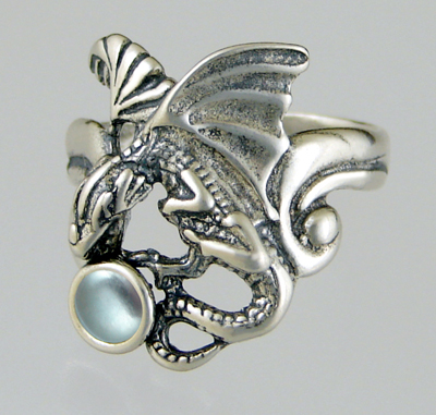 Sterling Silver Detailed Dragon Ring With Blue Topaz Size 11